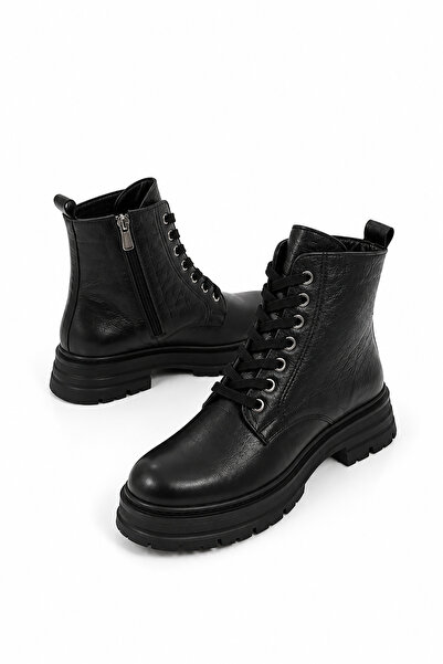Moda Pie Tones side zipper lace-up genuine leather women's boots - black