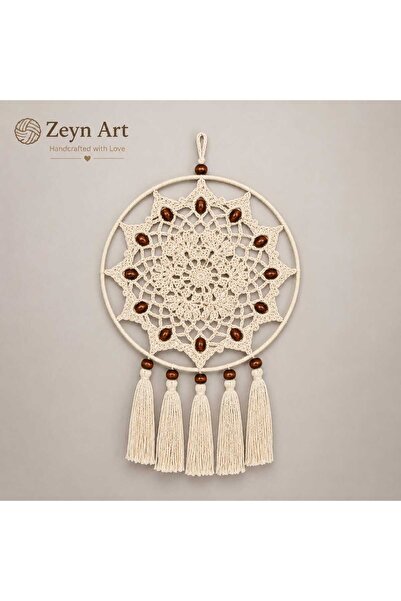 Zeyn Art El Yapımı Makrome Düş Kapanı Krem Bohem Duvar Süsü Ahşap Boncuklu Pü...