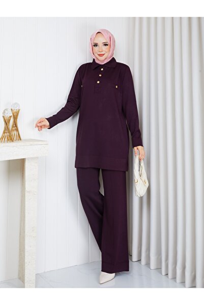 PAVENTİ Knitwear Polo Collar Two-Piece Suit with Trousers Plum