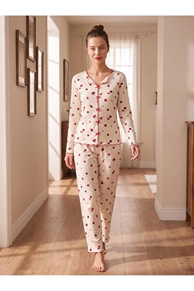 cotonhause Kadın Uzun Kol Kaşkorse Fiyonklu Ekru Pijama Takımı C7T4N807