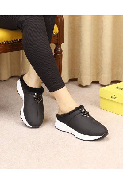 layki Devila black stretch buckle detailed women's slippers
