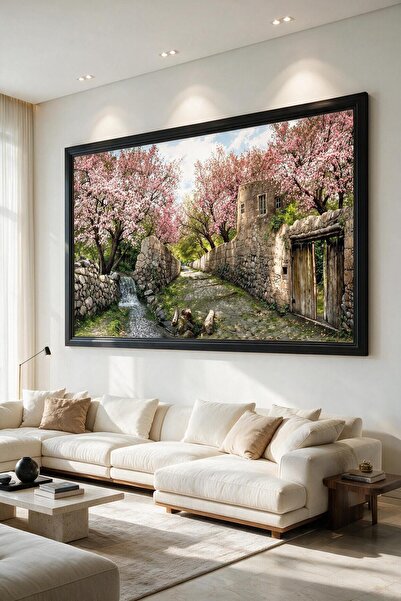 ARTAN GALLERY Pembe Çiçekli Taş Köy Yolu İtalyan Kadife Tablo 40 mm Kalın Çer...