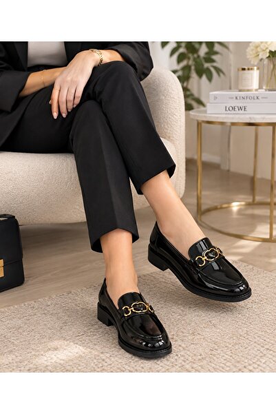 Zenora Shoes Kadın Loafer Makosen Casual Tokalı Günlük Rugan Siyah Ayakkabı