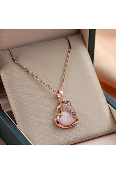 Peach Jewelry Χαριτωμένο ροζ χρυσό κολιέ καρδιά με ζιργκόν, από ανοξείδωτο ατ...