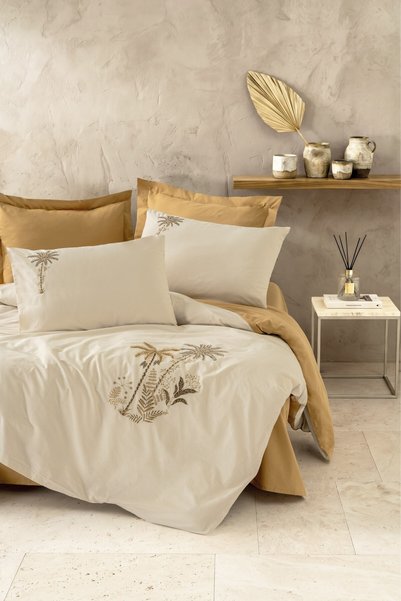 Cotton Box Embroidered Ranforce Double Duvet Cover Set Palmira Mustard