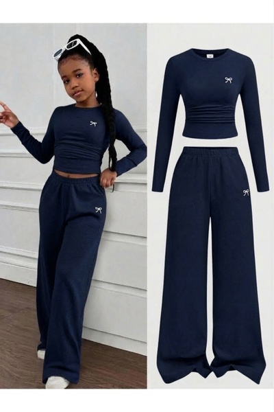 Machetta Girls' Small Bow Printed Sweatpants Top-and-Bottom Set