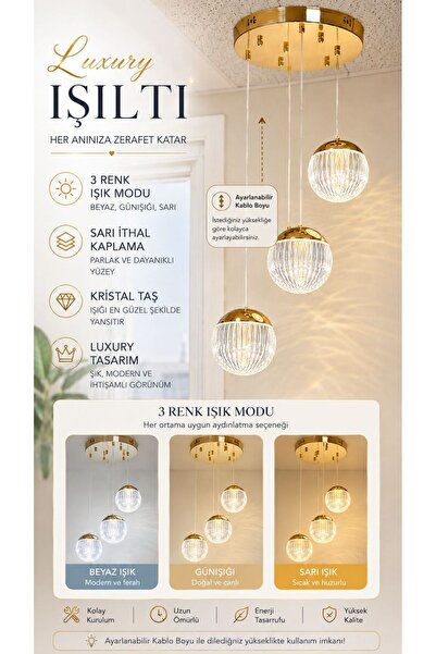 bella lighting World Gold Sarı Kaplama 3 Renk Işıklı Led Avize Üçlü Sarkıt Sa...