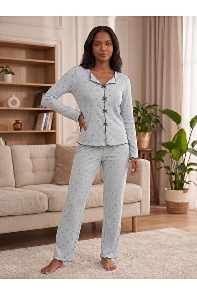 cotonhause Kadın Uzun Kol Kaşkorse Fiyonklu Mint Pijama Takımı C7T4N807