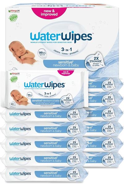 WaterWipes Sensitive+ Newborn & Baby Wipes, 99.9% Water, Unscented, 12 Pack