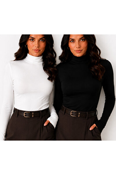 MELA ROSSA Women's Ecru Black Double Collar Long Sleeve Viscose Elastane Tren...