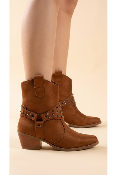 Moda Lime Handmade Pointed Metal Detailed Heeled Suede Women's Short Pull-On Cowboy Boots