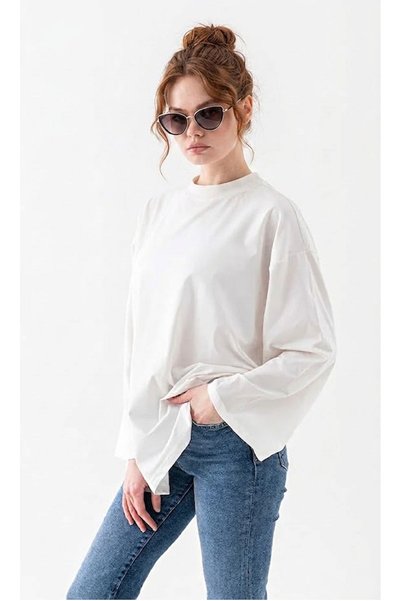 AÇELYA TEKSTİL Long Sleeve Cotton T-Shirt Oversize Wide Sleeve Women's Loose Long Basic T-Shirt