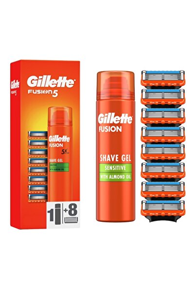 Gillette Lame de ras Fusion5, 8 bucăți + gel de ras 200 ml