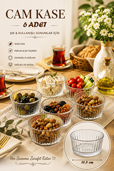 Porsima 13992 Vanes Asya 6'lı 200 ml Kase Seti Çizgili Cam Çerezlik, Reçellik...