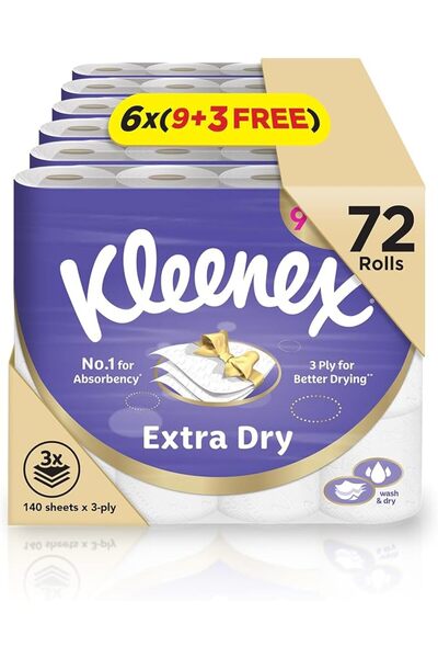 Kleenex لفة ورق تواليت إكسترا دراي ثلاثية الطبقات، عبوة تحتوي على 72 × 140 ورقة