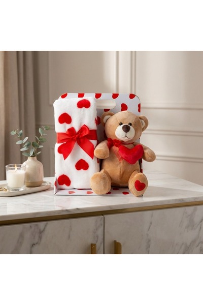 Ornament24 Set cadou ursulet de plus cu inima, 23 cm si paturica 90x75 cm, Va...