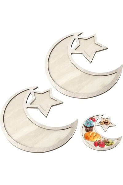 LEFAFA Ramadan Tray, 2pcs Wooden Moon and Star Pastry Tray Eid Mubarak Table ...