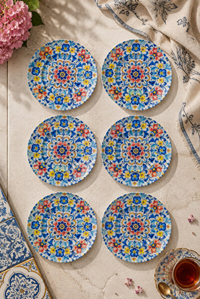 Ahenk Ev&Sofra 6’lı Cam Çay Tabağı - Çini Çiçek Desenli 12 cm - 6 Adet Çay Tabak