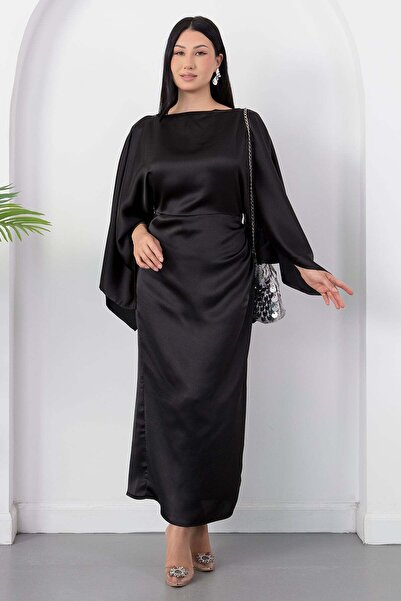 PULLIMM فستان ساتان بأكمام خفاشية وياقة منخفضة K-252767