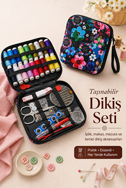 LİVA CRAFT Art & Craft Taşınabilir Dikiş Seti Çiçekli, Çantalı Dikiş Seti Kap...