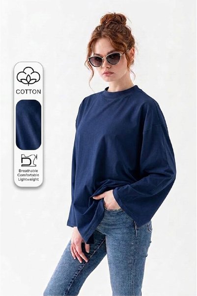 AÇELYA TEKSTİL Long Sleeve Cotton T-Shirt Oversize Wide Sleeve Women's Loose Long Basic T-Shirt