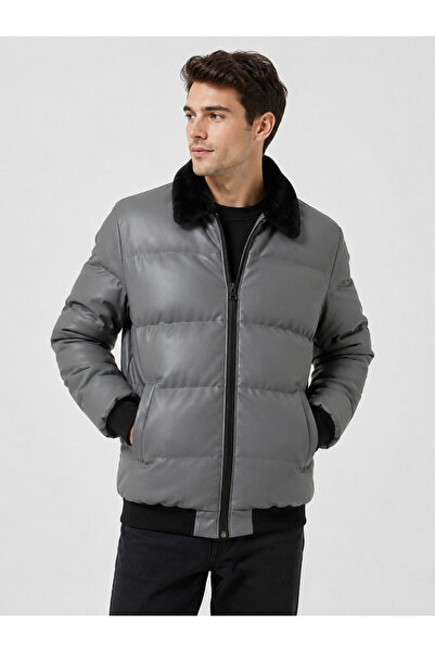 NECO GİYİM Men's Gray Fur Collar Puffer Coat – Zippered, Quilted, Winter Coat