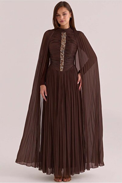 Olcay Stone Detailed Cape Yoryo Silk Hijab Evening Dress K. Brown 1262