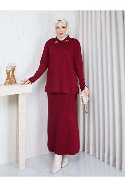 PAVENTİ Knitwear Collar and Skirt Two-Piece Set with Stones in Burgundy