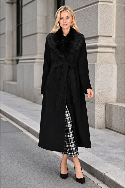 Toridas Women's Black Winter Coat with Black Faux Fur Detail, Belted, Ankle-L...