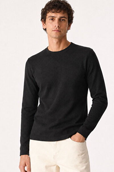 VENA Erkek Bisiklet Yaka Regular Fit Dokulu Sweatshirt-Siyah