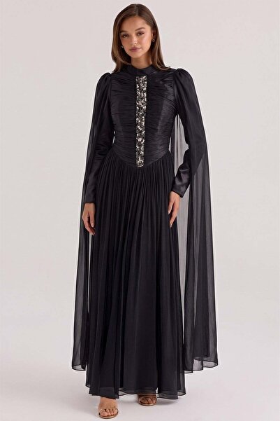 Olcay Stone Detailed Cape Yoryo Silk Hijab Evening Dress Black 1262