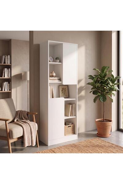 Bimossa W2140 Daffy Kitaplık Beyaz - 183 cm Yüksek, 2 Kapaklı, Raflı ve 9 Böl...