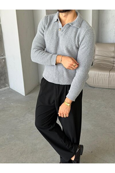 FO4RBS Soft Textured Polo Collar Knit Sweater m - Gray