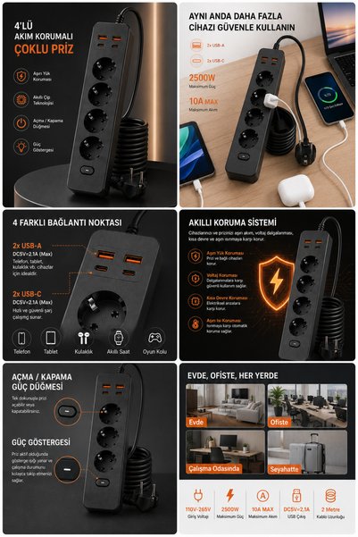 Aırstorr PRO-EU01 4’lü Akım Korumalı Çoklu Priz – 2 USB-C + 2 USB-A | 2500W 10A Max | 2 Metre Kablolu