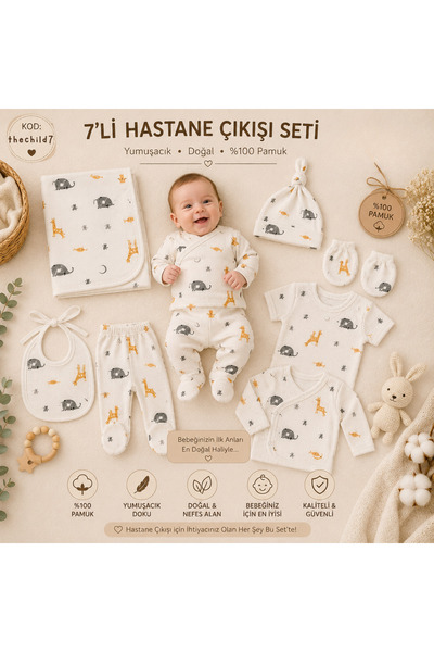 thechild baby collection Yenidoğan Bebek %100 Organik Pamuklu 7’li Hastane Çı...