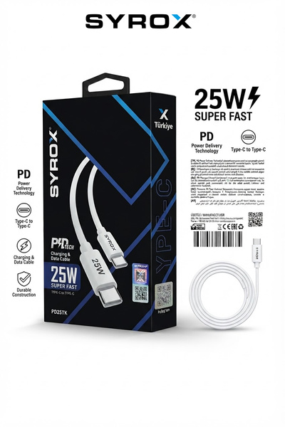 Syrox PD25TK 25W Hızlı Şarj ve Data Kablosu, Type-C to Type-C - Beyaz