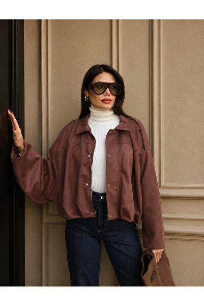 Nes Moda Kadın Apolet Detaylı Süet Bomber Ceket
