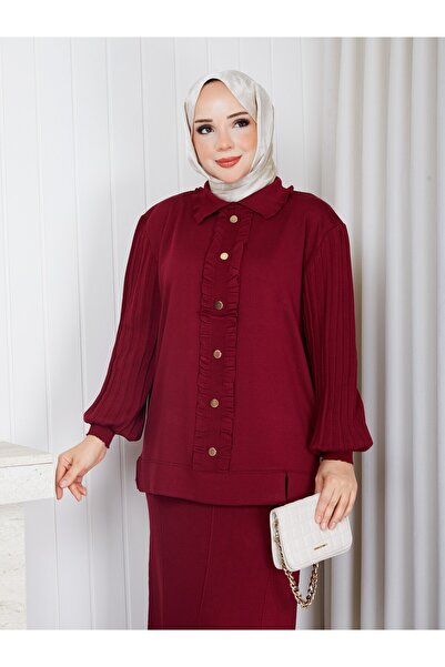 PAVENTİ Knitwear Front Gathered Balloon Sleeve Skirted Two-Piece Set Burgundy