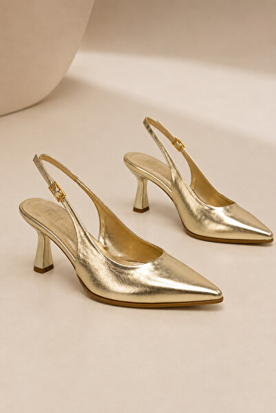 Best Cover SEELIN Kadın Gold Sivri Burun Kırışık Rugan Slingback Tokalı 7 Cm ...