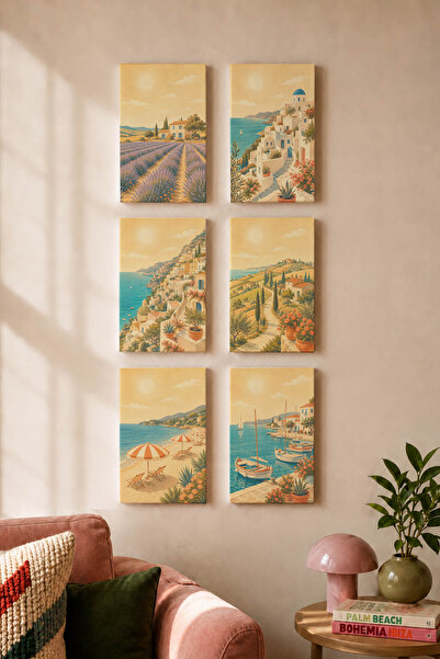 Zestia Set de 6 tablouri pe pânză, Vintage Mediteraneean, Santorini și câmp d...