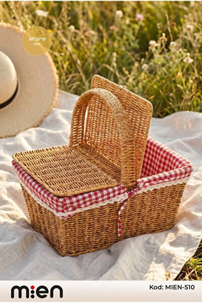 MİEN Rattan Wicker Rectangular Picnic Basket 38X25X18 cm