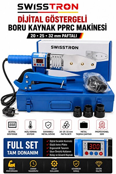 SwissTron Dijital Göstergeli PPRC Boru Kaynak Makinesi 20-25-32 mm Paftalı Makaslı Metal Çantalı Tam Set