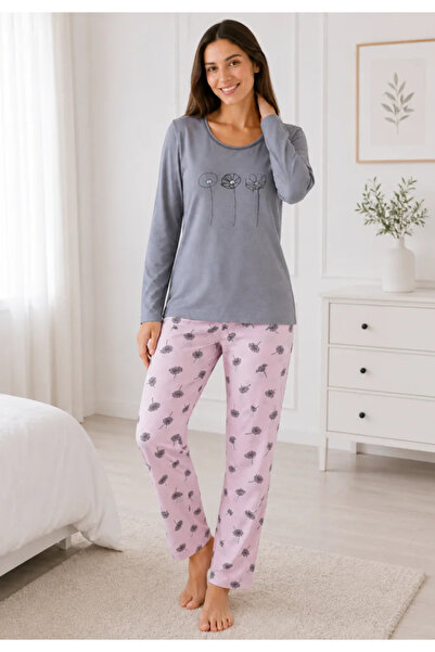Serena Pijama de dama gri cu maneca lunga si pantaloni lungi roz cu flori