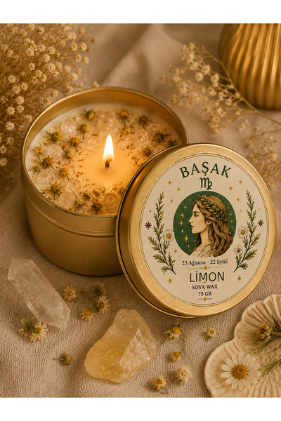 Başak Burcu Mum | Soya Wax Doğal Taşlı Aromaterapi Mum | Limon Kokulu | 75 gr