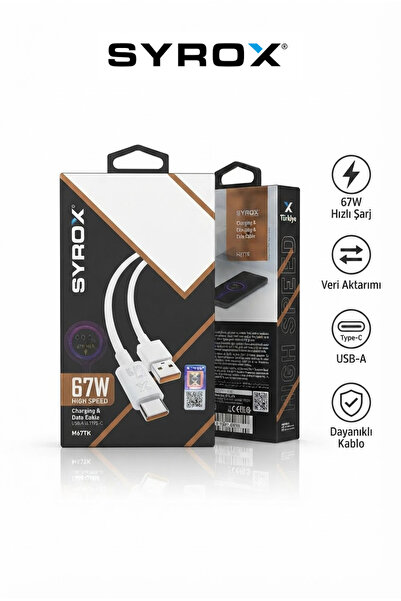 Syrox M67TK 67W High Speed Hızlı Şarj ve Data Kablosu, USB-A to Type-C Dayanı...