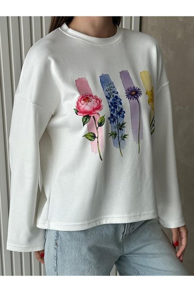 ZF BUTİK White Botanical Print Long Sleeve T-Shirt/Blouse Suitable for Hijab
