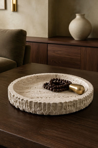 EVZA Living Ephesus Traverten Yuvarlak Sunum Tabağı 20 cm | Dekoratif Tepsi v...