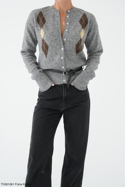 Lupies Women's Gray-Brown Buttoned Diamond Pattern Belted Wool Knitwear Cardigan