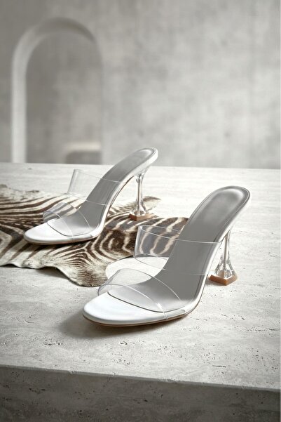 Zerenyus Zri̇n-618 white patent leather double strap clear heel mules