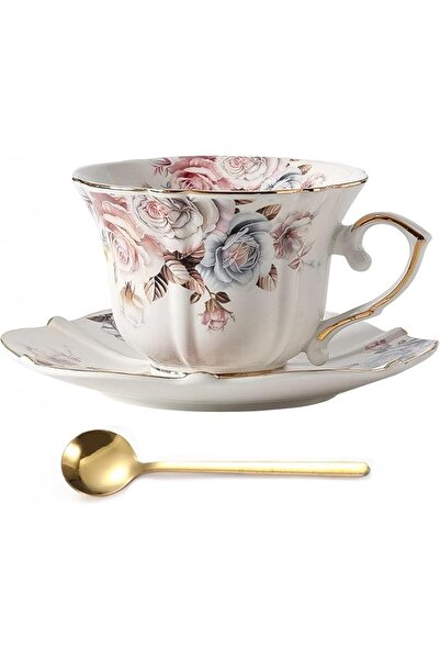 EXCEFORE 200ml Tea Cup and Saucer Set, 6.7oz Peony & English Rose Floral Porc...
